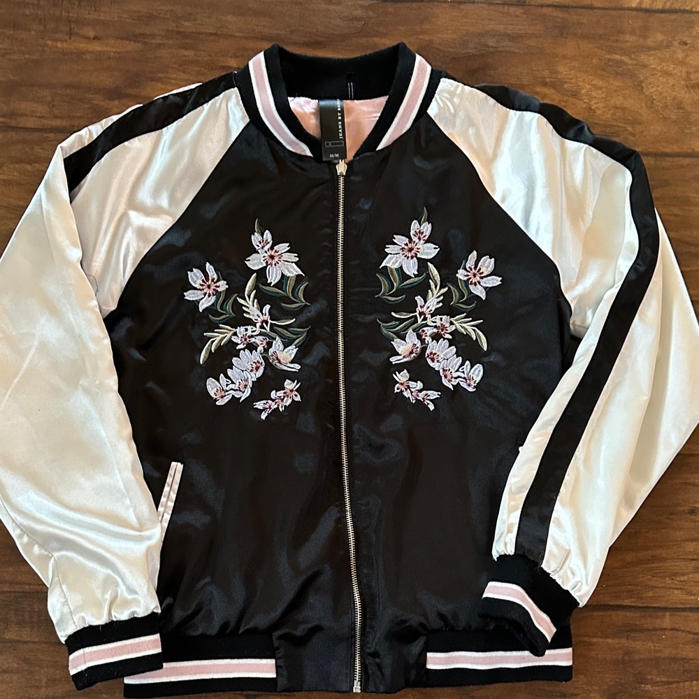 Floral Embroidered Black and White Bomber Jacket